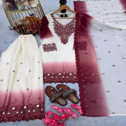 Women's Embroidered Dual Tone Georgette Palazzo Suit Set with Dupatta